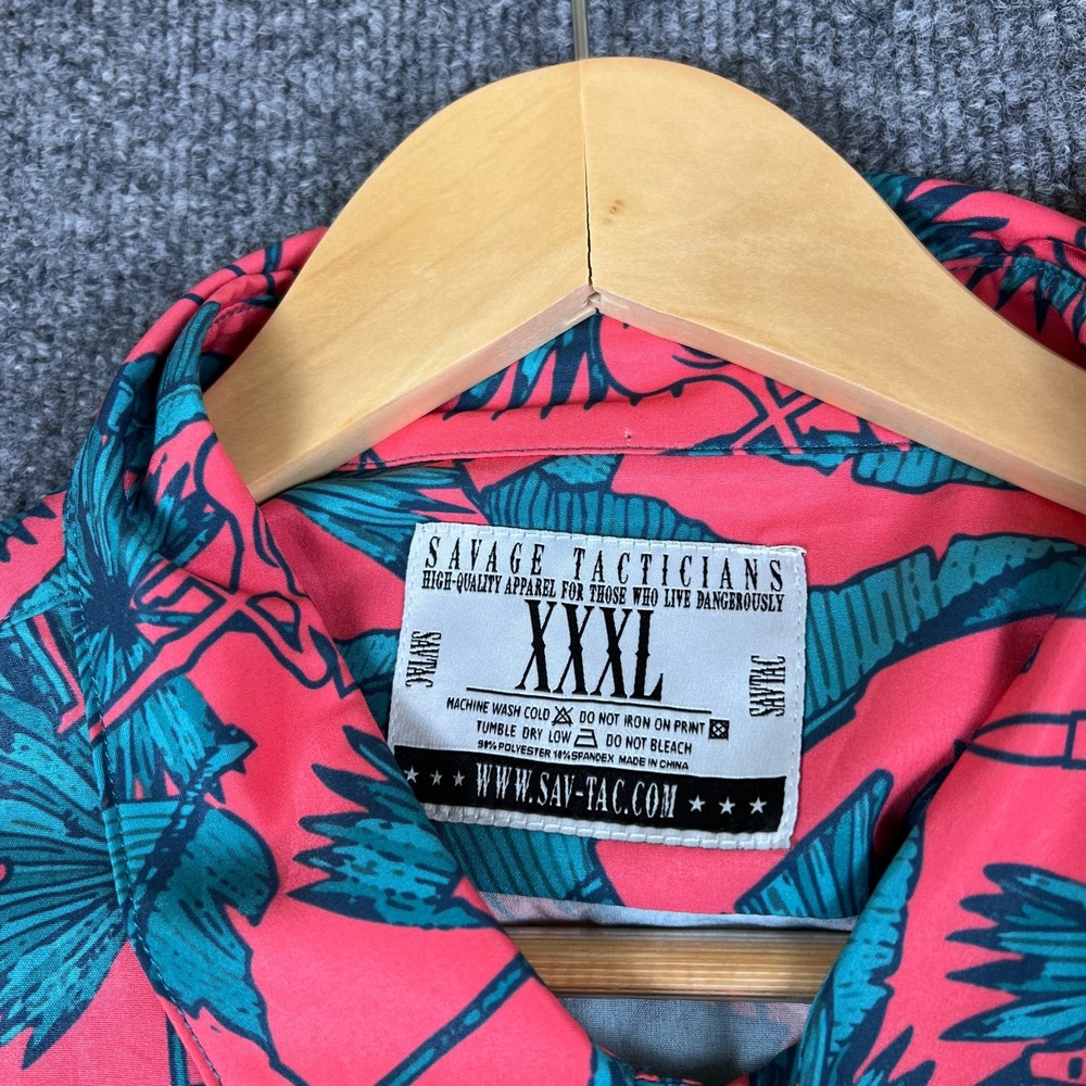 Savage Tacticians Button Up Shirt Mens 3XL AK Tropical Pink Flamingos AK47 Guns - Picture 3 of 8